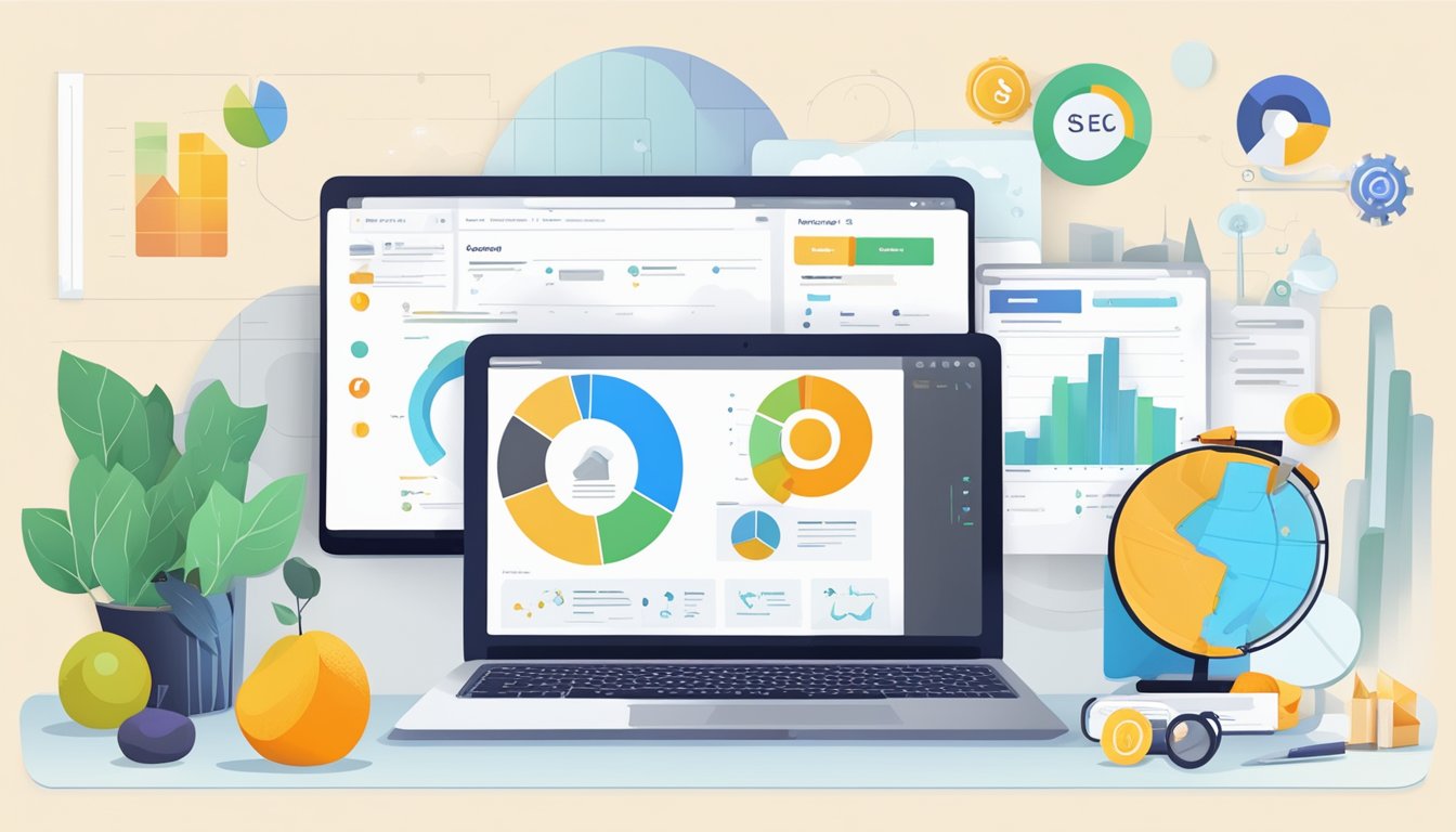 A laptop displaying Mangools' website, surrounded by SEO tools and charts.</p><p>The user is analyzing keyword data and evaluating competitor rankings