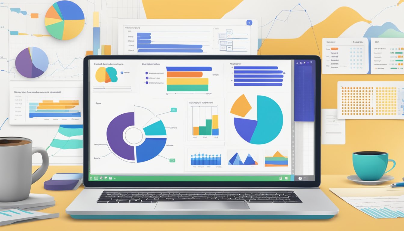 A laptop displaying Sendible's interface with data charts and graphs, surrounded by strategic planning notes and a cup of coffee