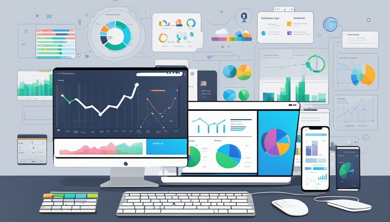 A laptop displaying Metricool's dashboard with graphs and charts.</p><p>A smartphone with the Metricool app open, showing social media analytics