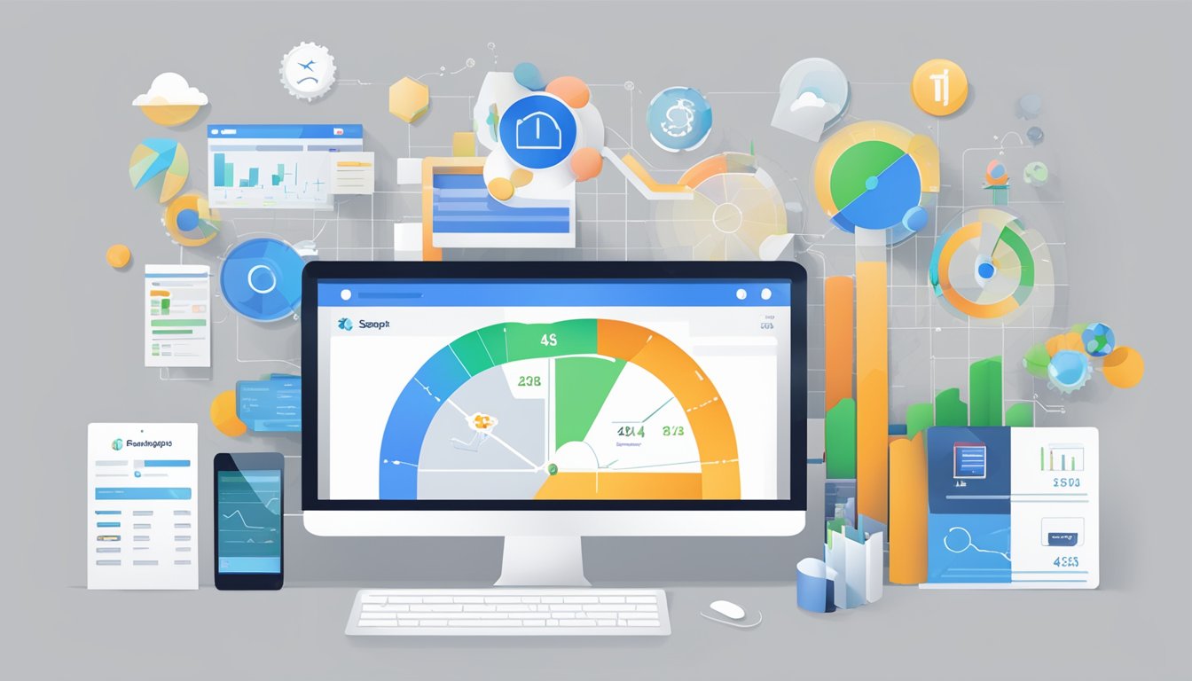 Serpstat logo surrounded by various digital marketing tools and software integrations, with data charts and graphs displayed on a computer screen