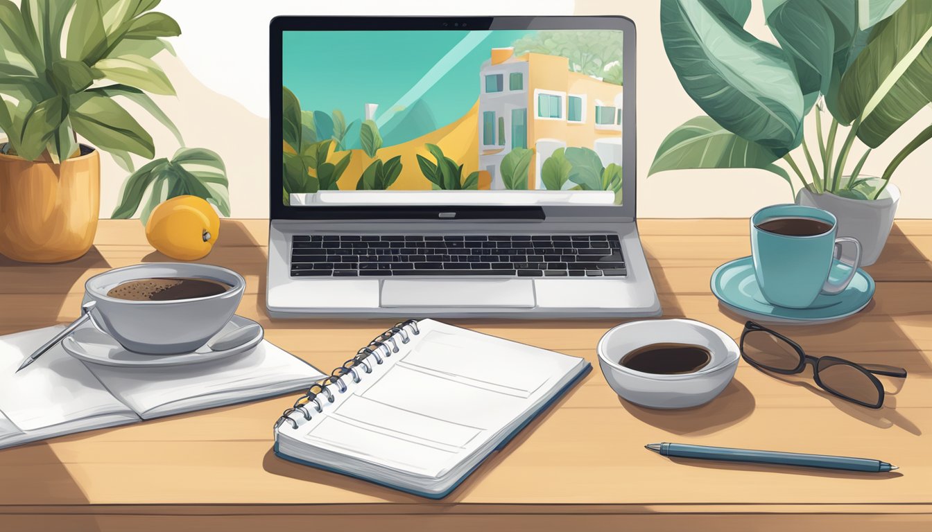 The scene depicts a laptop with the Mangools website open, surrounded by a notepad, pen, and coffee cup on a desk