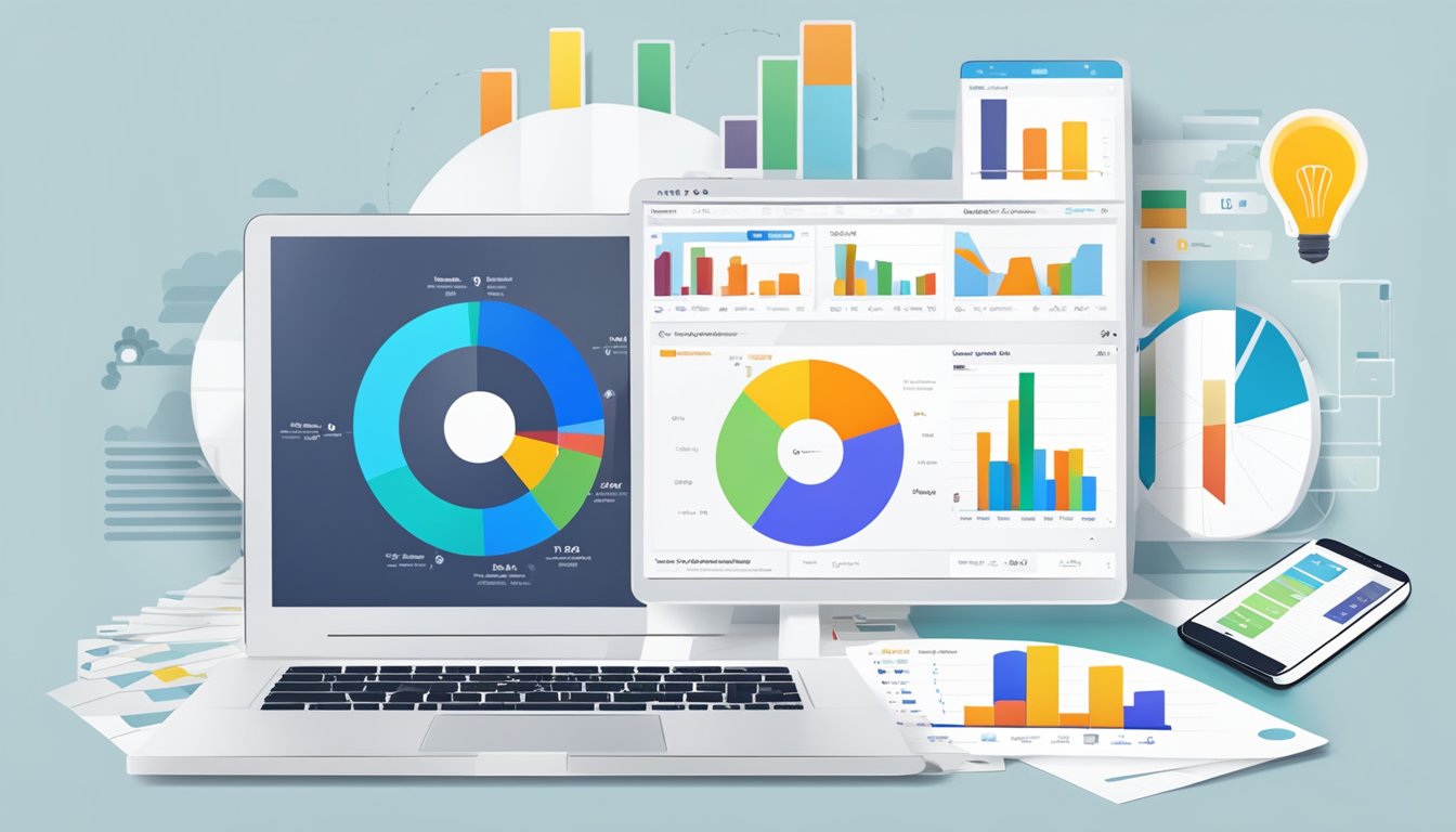 A laptop displaying Metricool's dashboard.</p><p>Charts and graphs show social media analytics.</p><p>A smartphone with the Metricool app is next to it