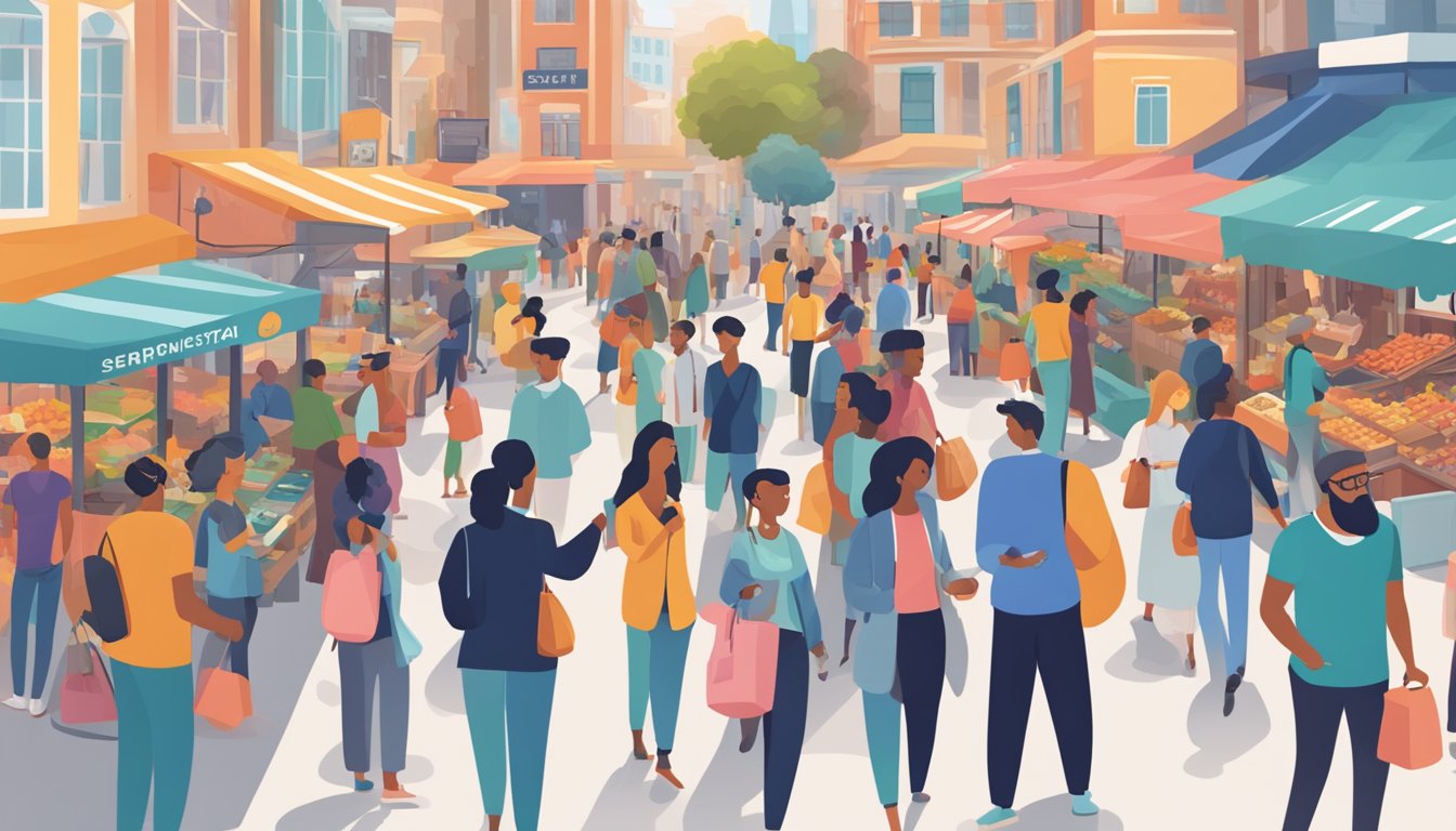 A bustling market with diverse users representing different demographics, from young professionals to small business owners, engaging with Serpstat's platform