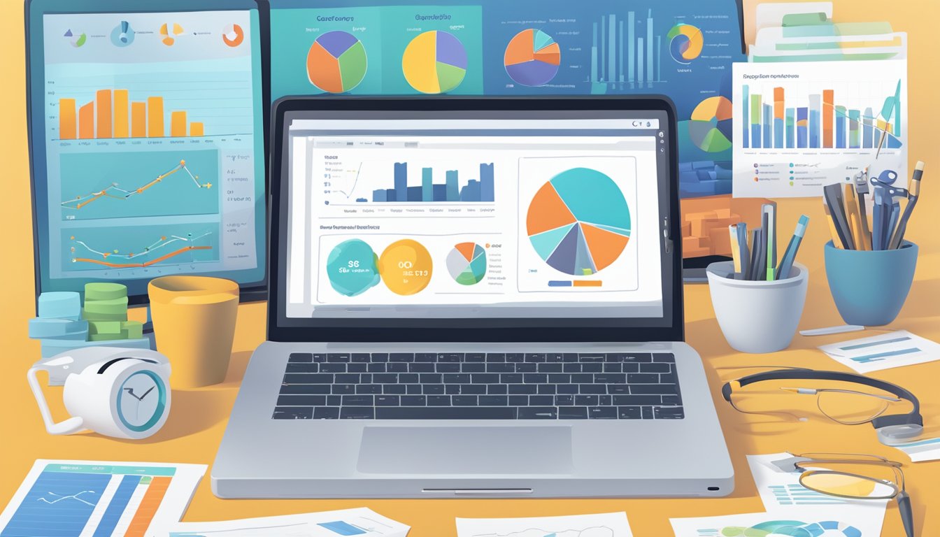 A laptop displaying SEO PowerSuite with various SEO tools open, surrounded by charts and graphs showing website performance