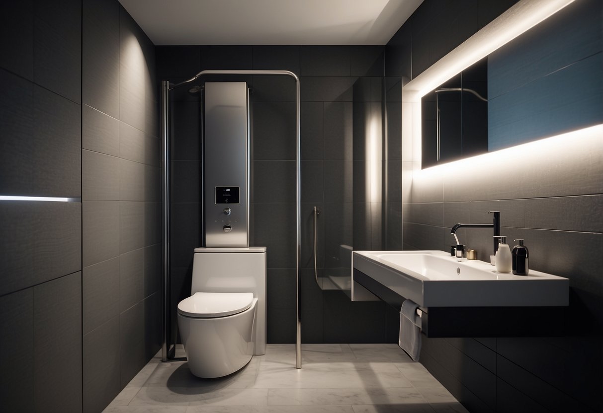 A small bathroom with a compact toilet, fitting snugly against the wall. Space-saving design with clean lines and minimalistic features