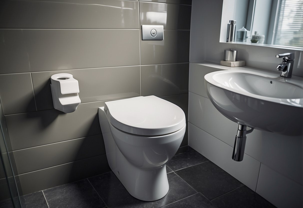 A compact toilet nestled in a small bathroom, with space-saving features like a round bowl, sleek tank, and efficient flush system