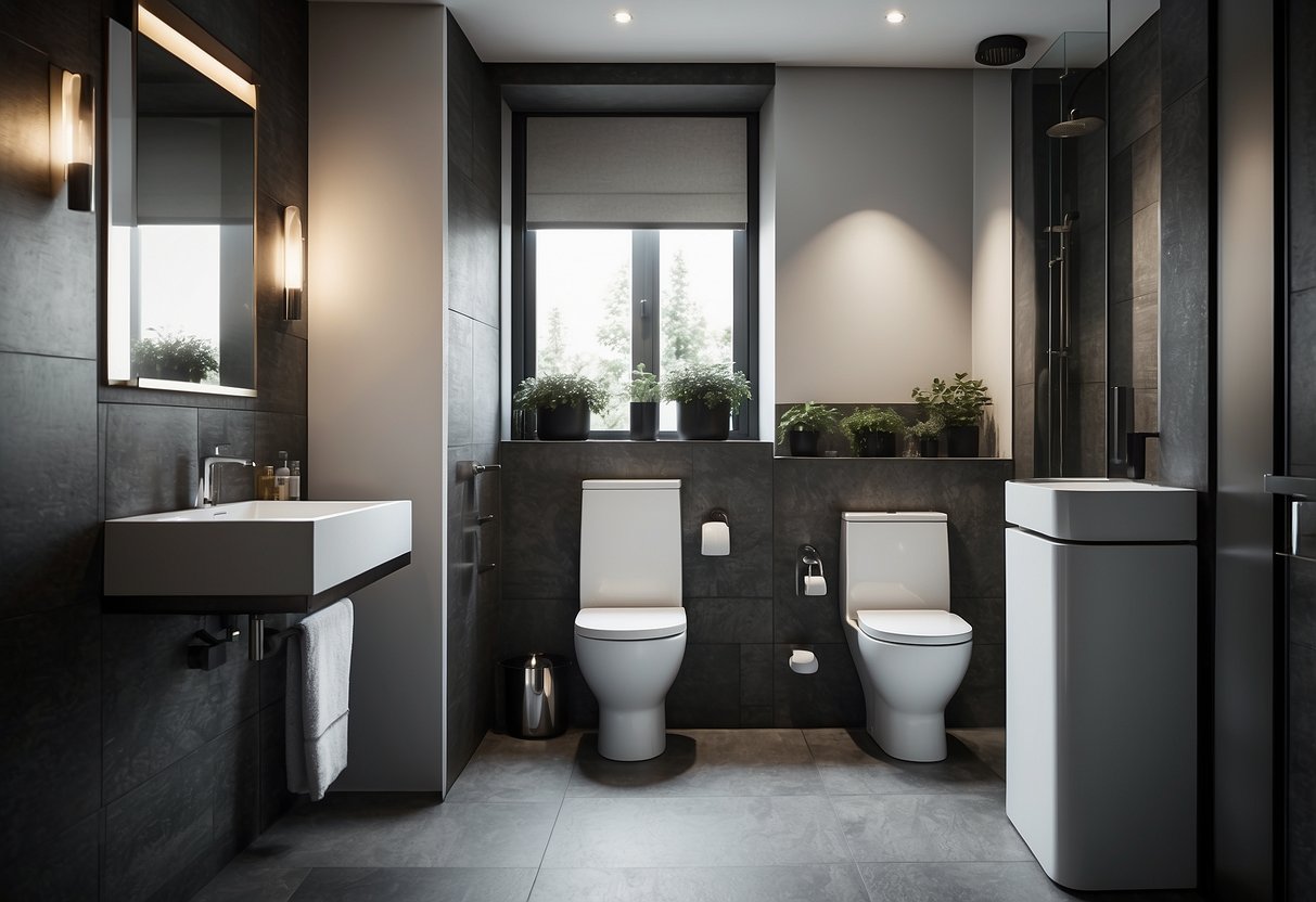 A small bathroom with a compact toilet, maximizing space efficiency. Minimalist design, clean lines, and modern fixtures