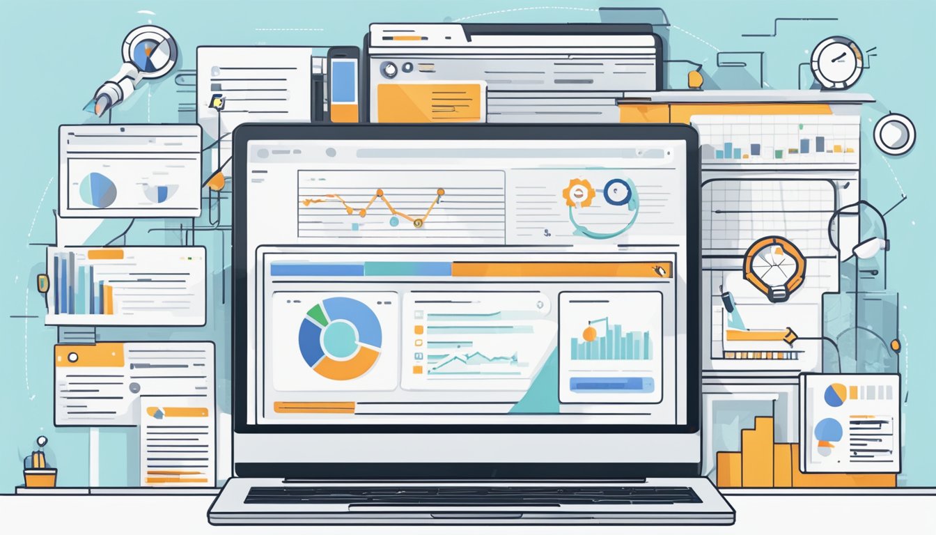 An open laptop displaying the SEMrush SEO Writing Assistant tool, with a document being analyzed and various suggestions for optimizing SEO highlighted