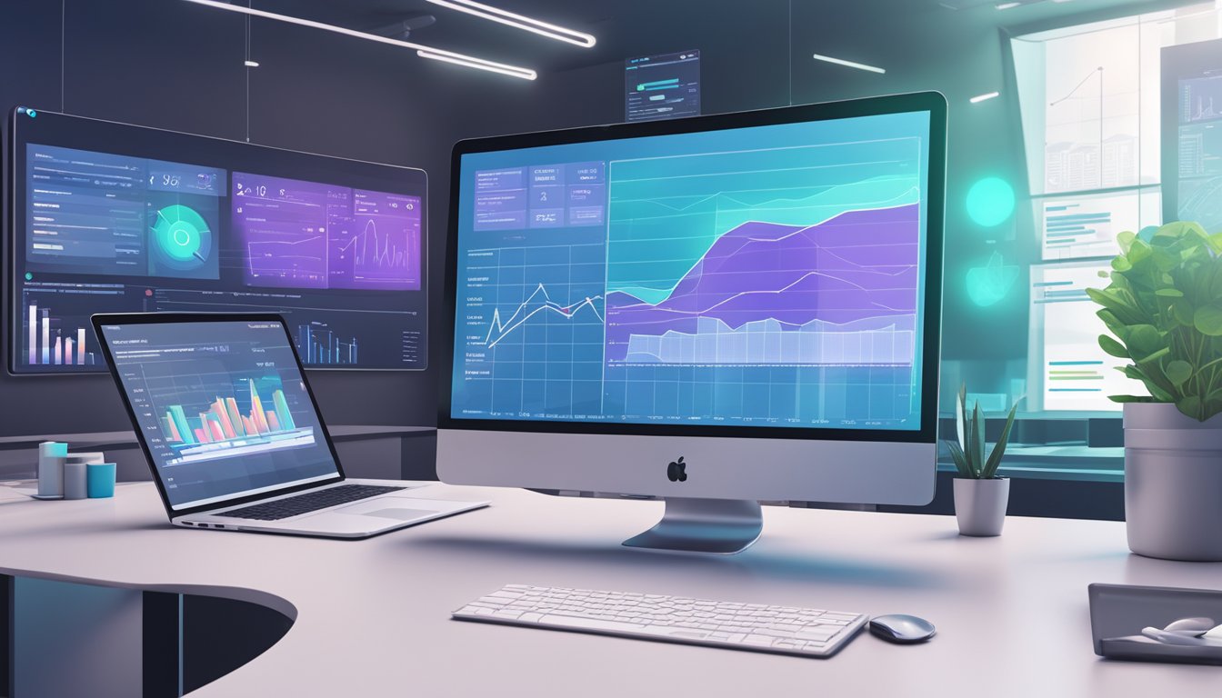 A laptop displaying SEO PowerSuite with graphs and charts, surrounded by a futuristic office setting with holographic screens showing data updates