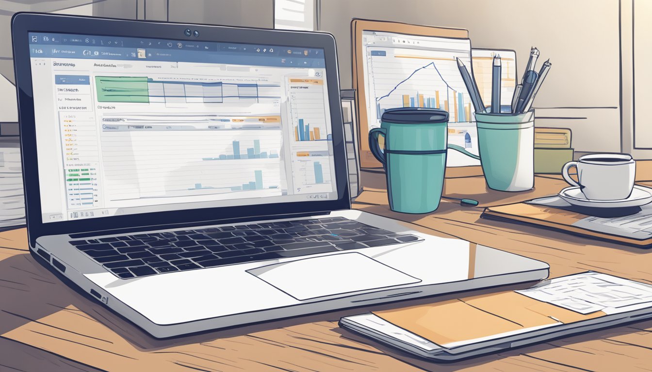 A laptop displaying Ahrefs SEO Toolbar with various website metrics and keyword data, surrounded by a notepad, pen, and coffee mug on a desk