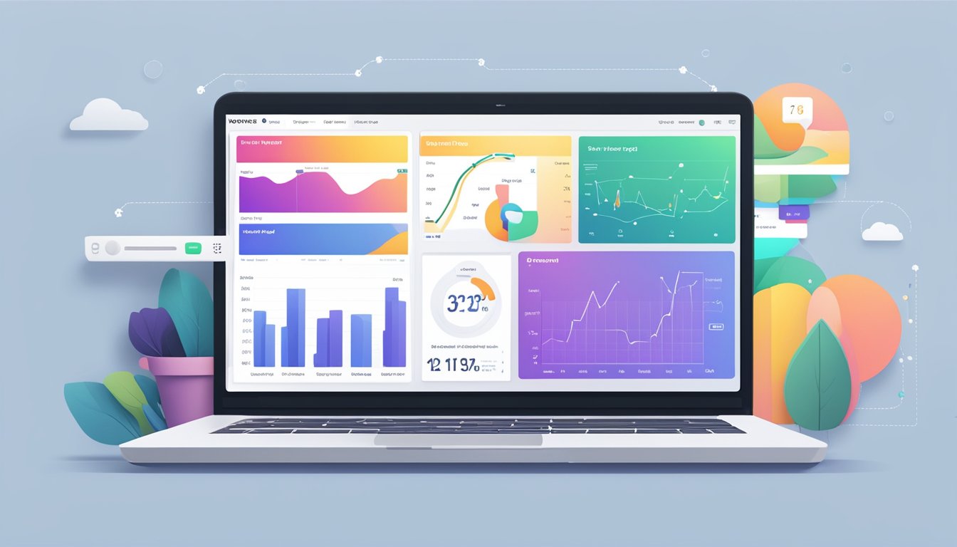 A laptop displaying Raven Tools dashboard with various data visualizations and reporting features.</p><p>A user interacts with the interface, accessing SEO and social media functionalities