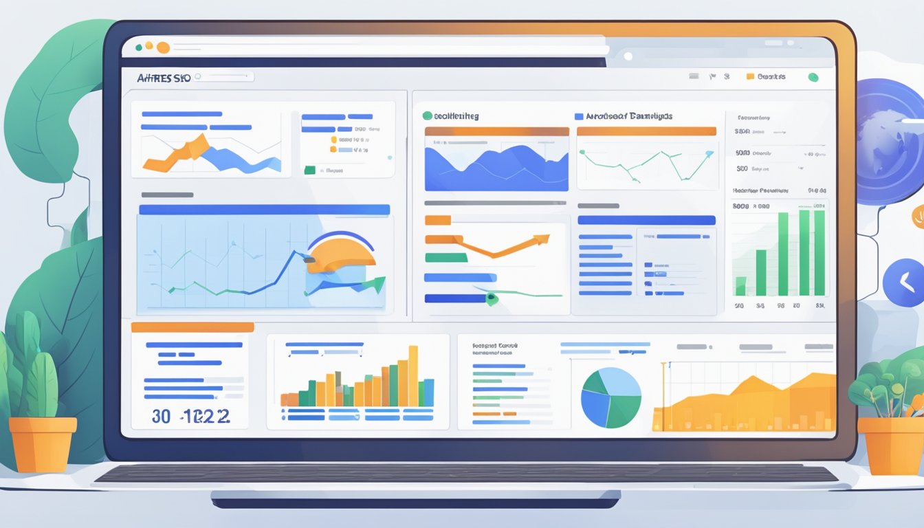 A computer screen displays Ahrefs SEO Toolbar with on-page SEO analysis results.</p><p>Keyword rankings, backlinks, and traffic data are visible