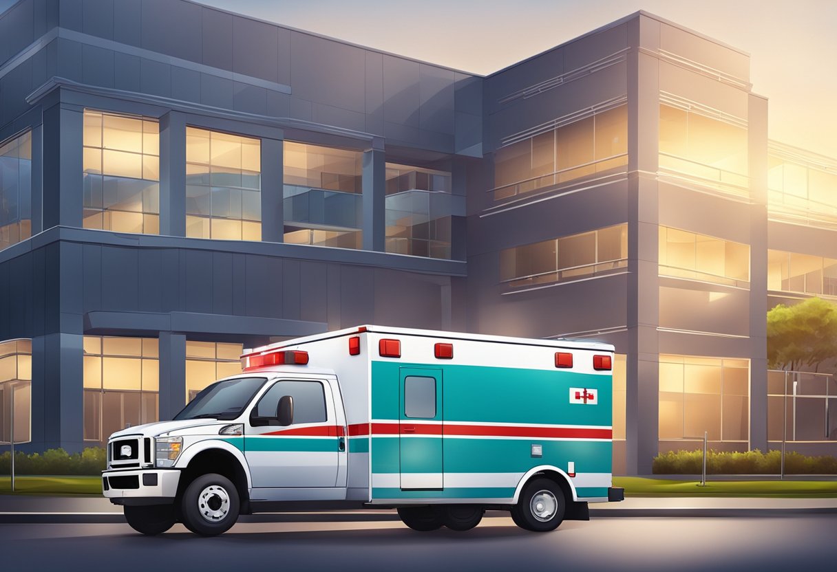 An ambulance type A parked outside a hospital with its lights flashing and medical equipment visible through the windows