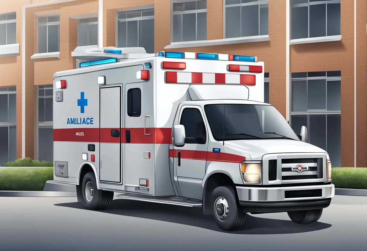 An illustration of a type A ambulance with its equipment and infrastructure, including medical supplies and emergency tools, parked in a hospital or emergency setting