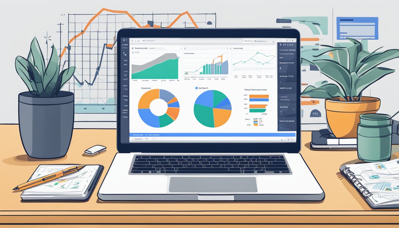 A laptop displaying Ahrefs SEO Toolbar's subscription plans and pricing, surrounded by charts and graphs, with a pen and notebook nearby for review