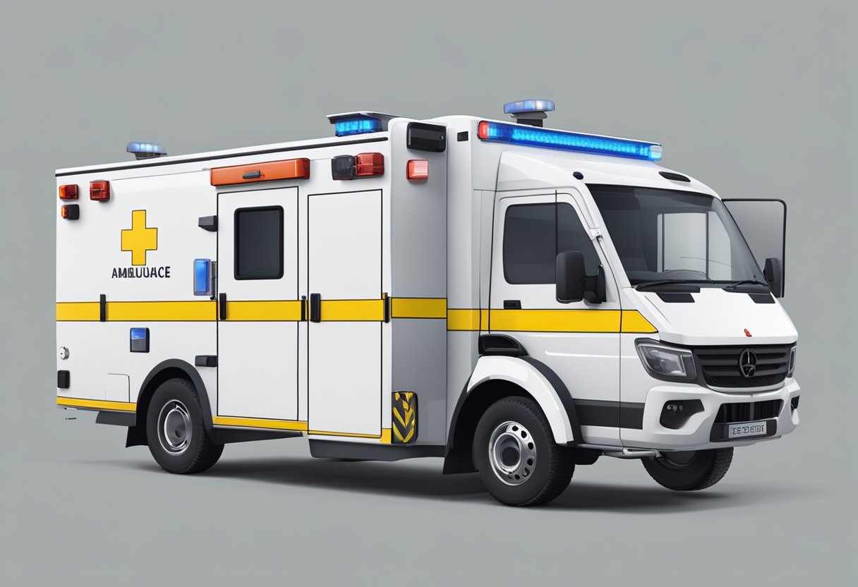 An ambulance type A with technical regulations and standards. Visible markings and equipment inside