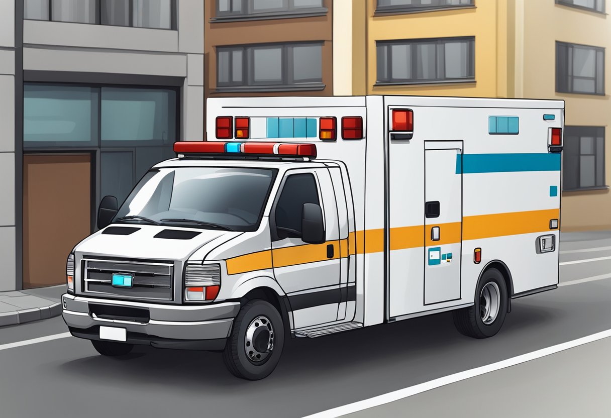 An ambulance type A being loaded with medical equipment and driven away for transport and removal