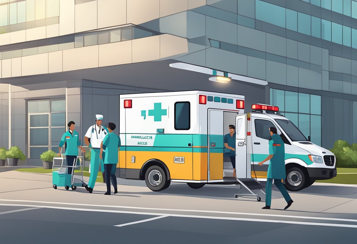 An ambulance type A parked outside a hospital, with its lights flashing and medical staff attending to a patient on a stretcher