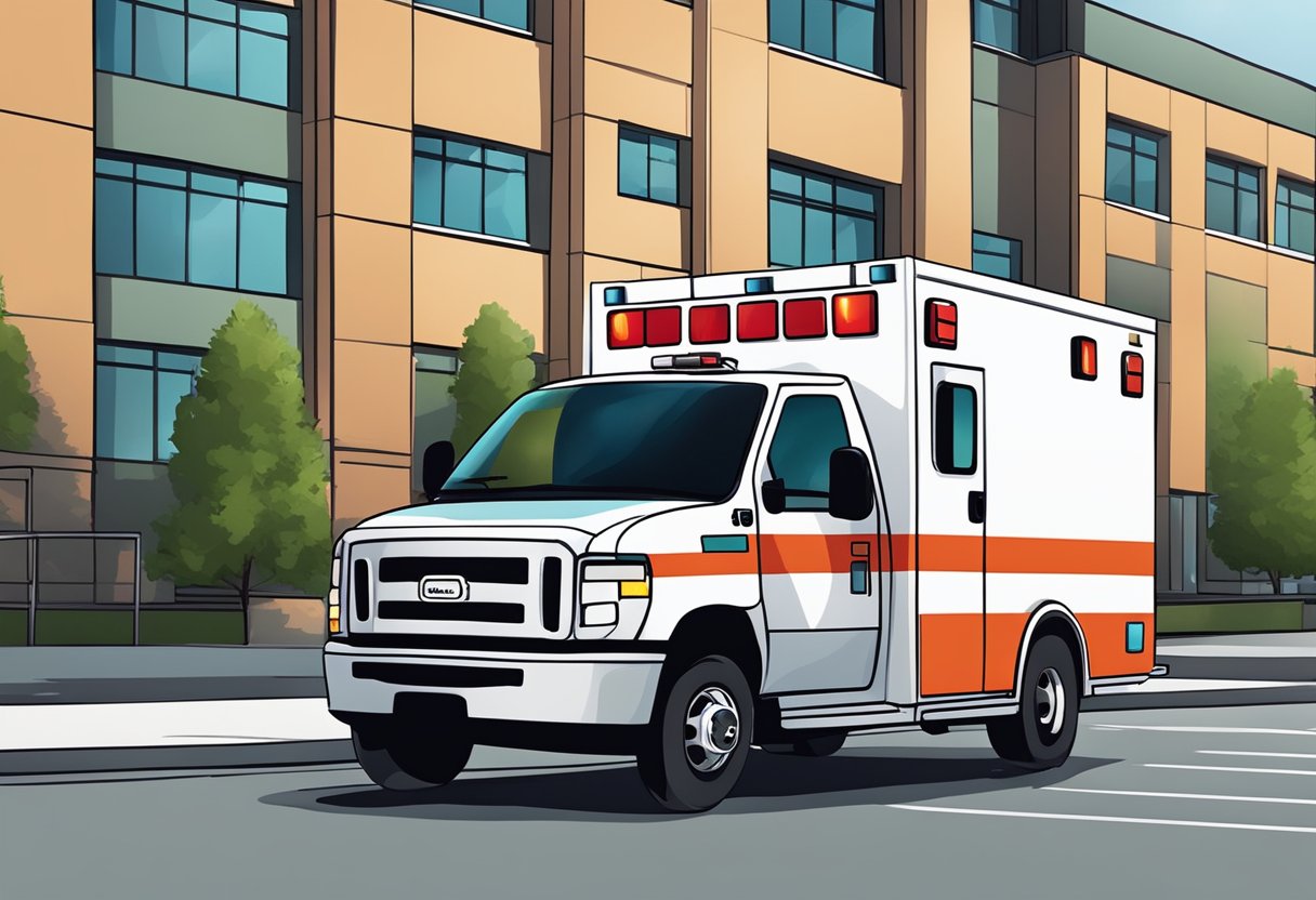 An ambulance type A parked outside a hospital with its lights flashing