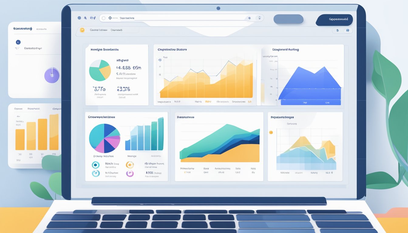 A laptop displaying Similarweb's interface, surrounded by charts and graphs, with a person's hand clicking on the screen