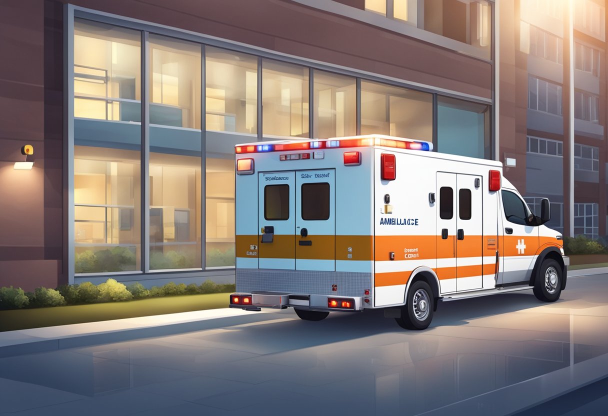 An ambulance type A with clear signage and emergency lights parked outside a hospital, with medical equipment visible through the windows