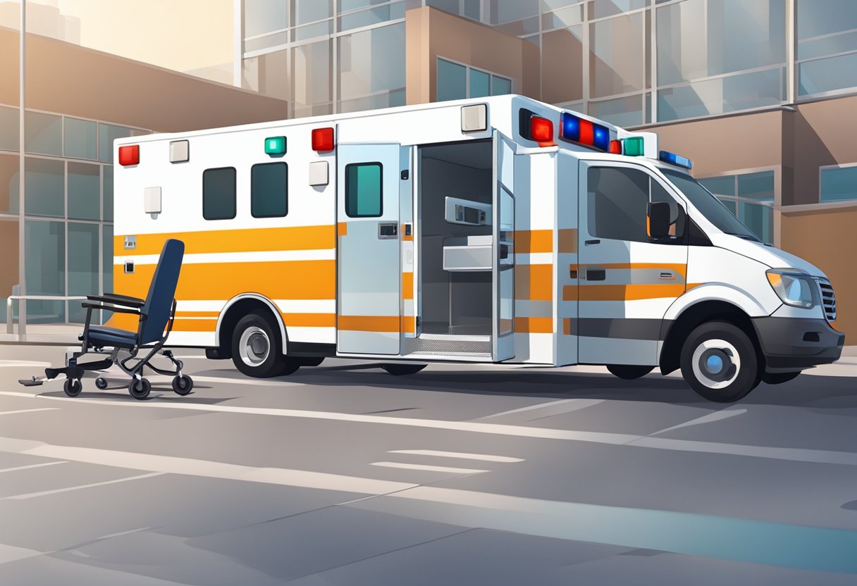 An ambulance type A with medical transport equipment parked outside a hospital