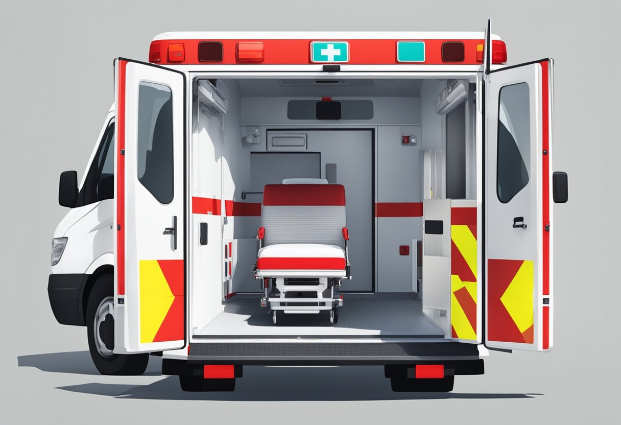 Ambulância Tipo B: Equipamentos e Utilizações Essenciais 1 An ambulance type B parked with red and white markings, equipped with medical supplies and a stretcher visible through the open rear doors