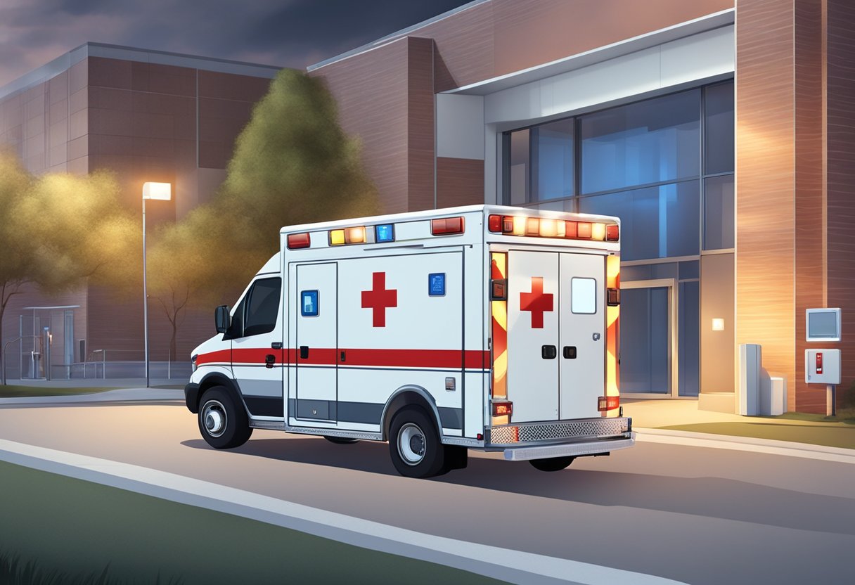 Ambulância Tipo B: Equipamentos e Utilizações Essenciais 6 A Type B ambulance parked outside a hospital emergency entrance, with flashing lights and medical equipment visible through the open back doors