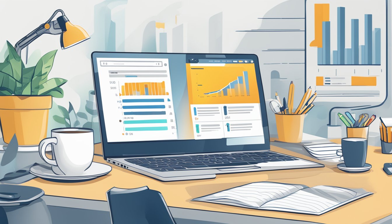 A computer screen displaying Similarweb's Impact review, with data charts and positive feedback, surrounded by office supplies and a cup of coffee