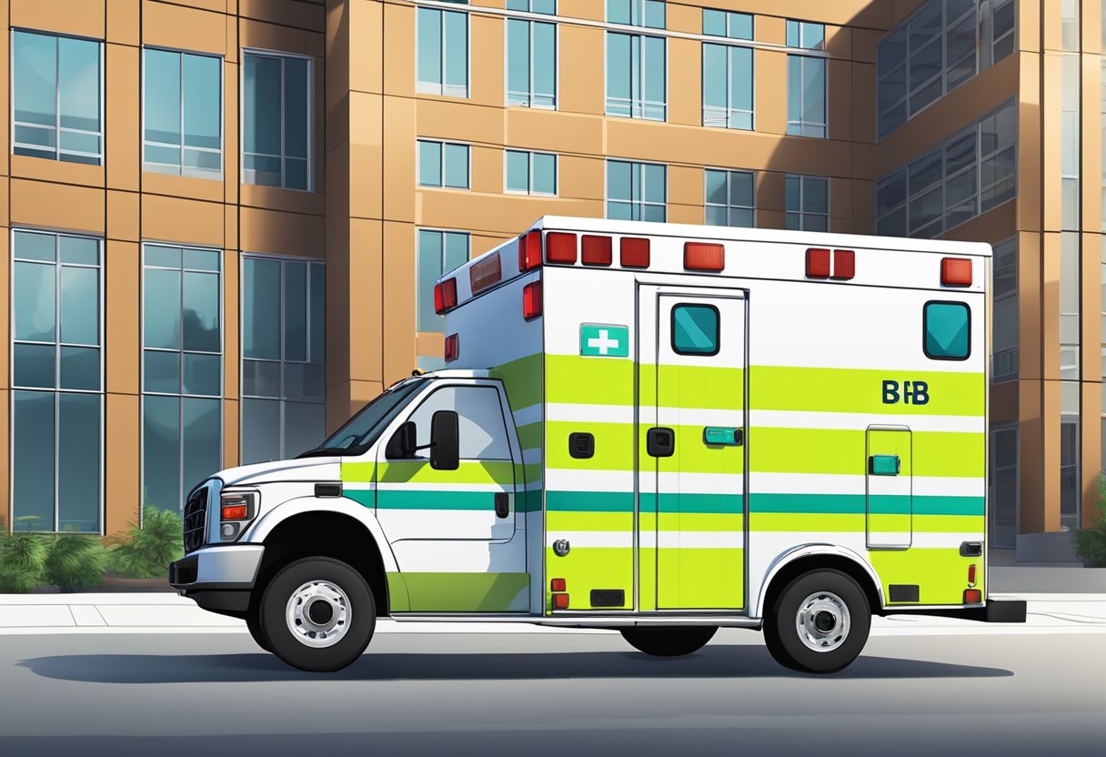 Ambulância Tipo B: Equipamentos e Utilizações Essenciais 8 A Type B ambulance parked outside a hospital, with its lights flashing and medical equipment visible through the open rear doors