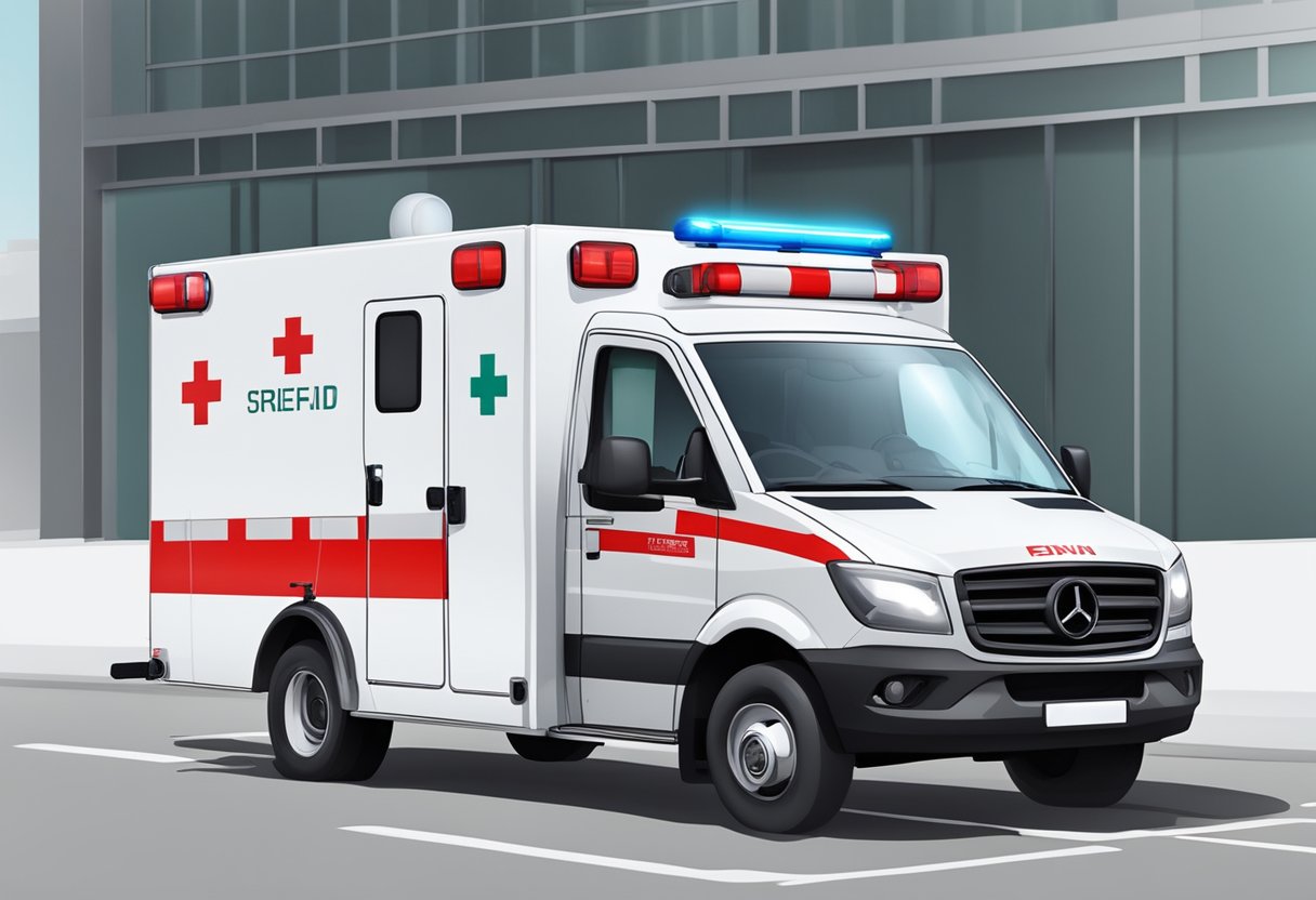 An ambulance type B parked with red and white exterior, equipped with medical supplies and a stretcher inside