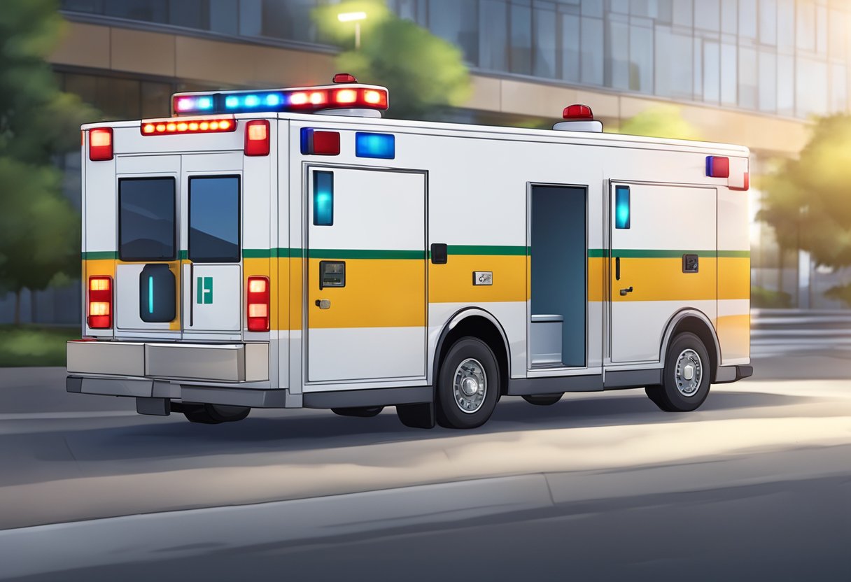 An ambulance type B in motion, with its lights flashing, parked outside a medical facility, ready to provide emergency services