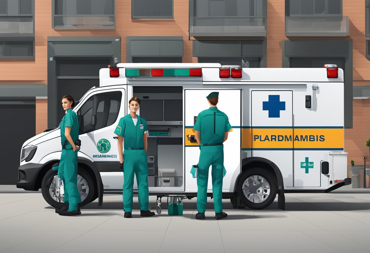 Two paramedics in uniform standing next to a Type B ambulance, with medical equipment visible inside