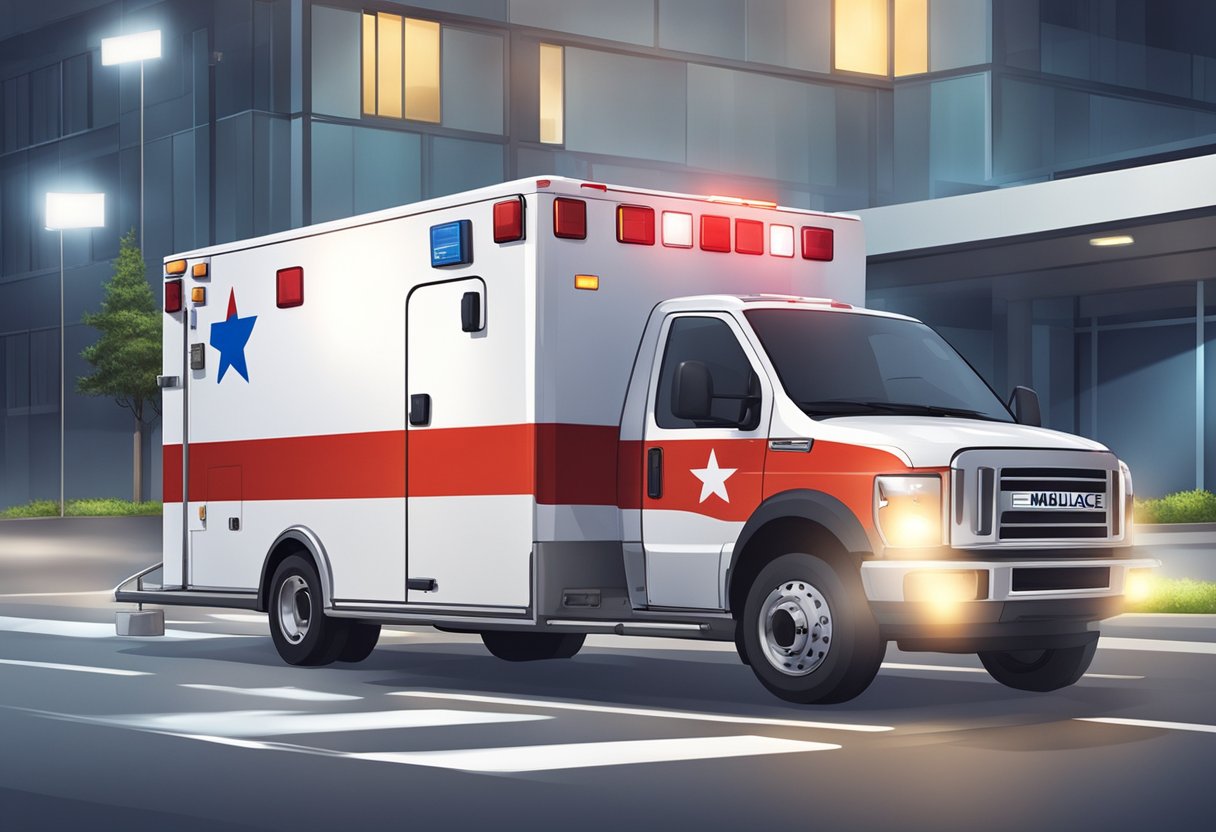 An ambulance type B, compliant with legislation and regulations, parked at a medical facility with emergency lights flashing