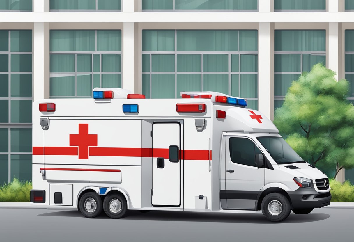 A specialized type of ambulance, known as an ambulance type b, equipped with medical supplies and a stretcher, parked outside a hospital