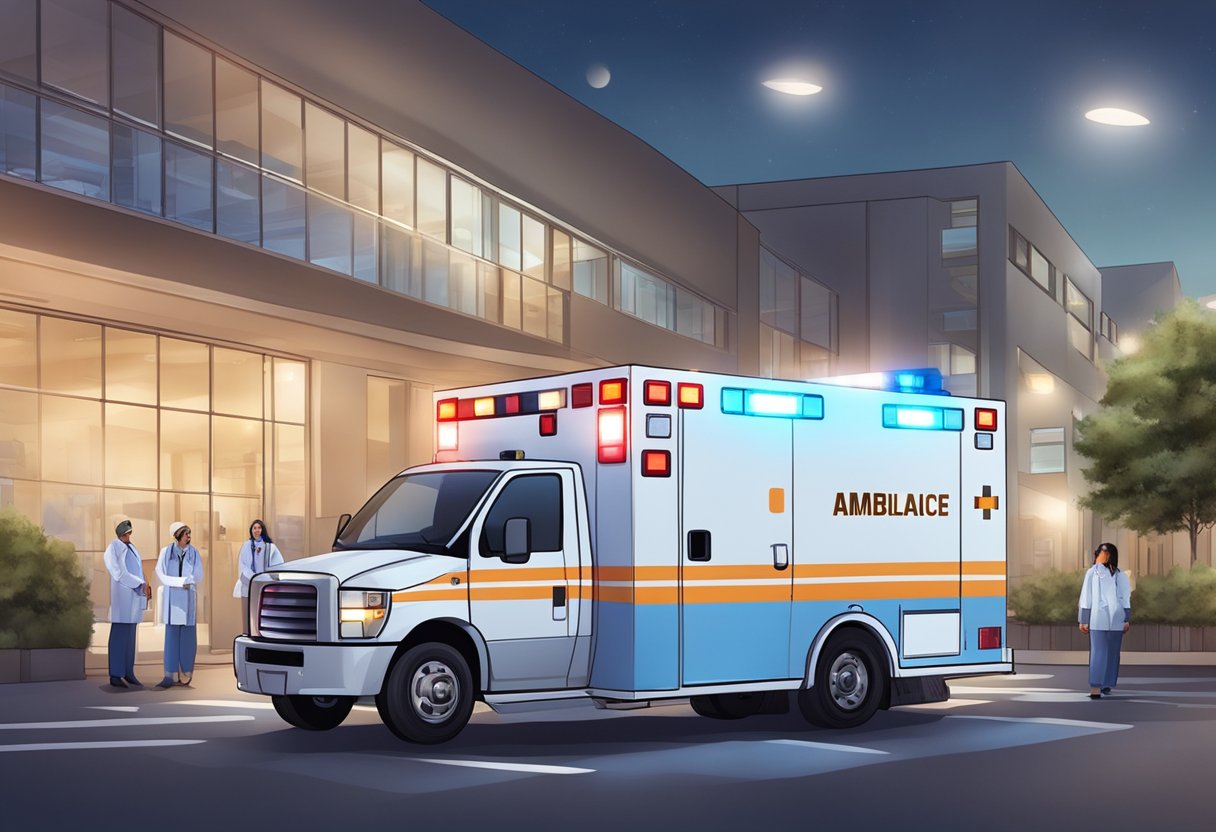An ambulance type B parked with its lights flashing outside a hospital, surrounded by medical staff and equipment