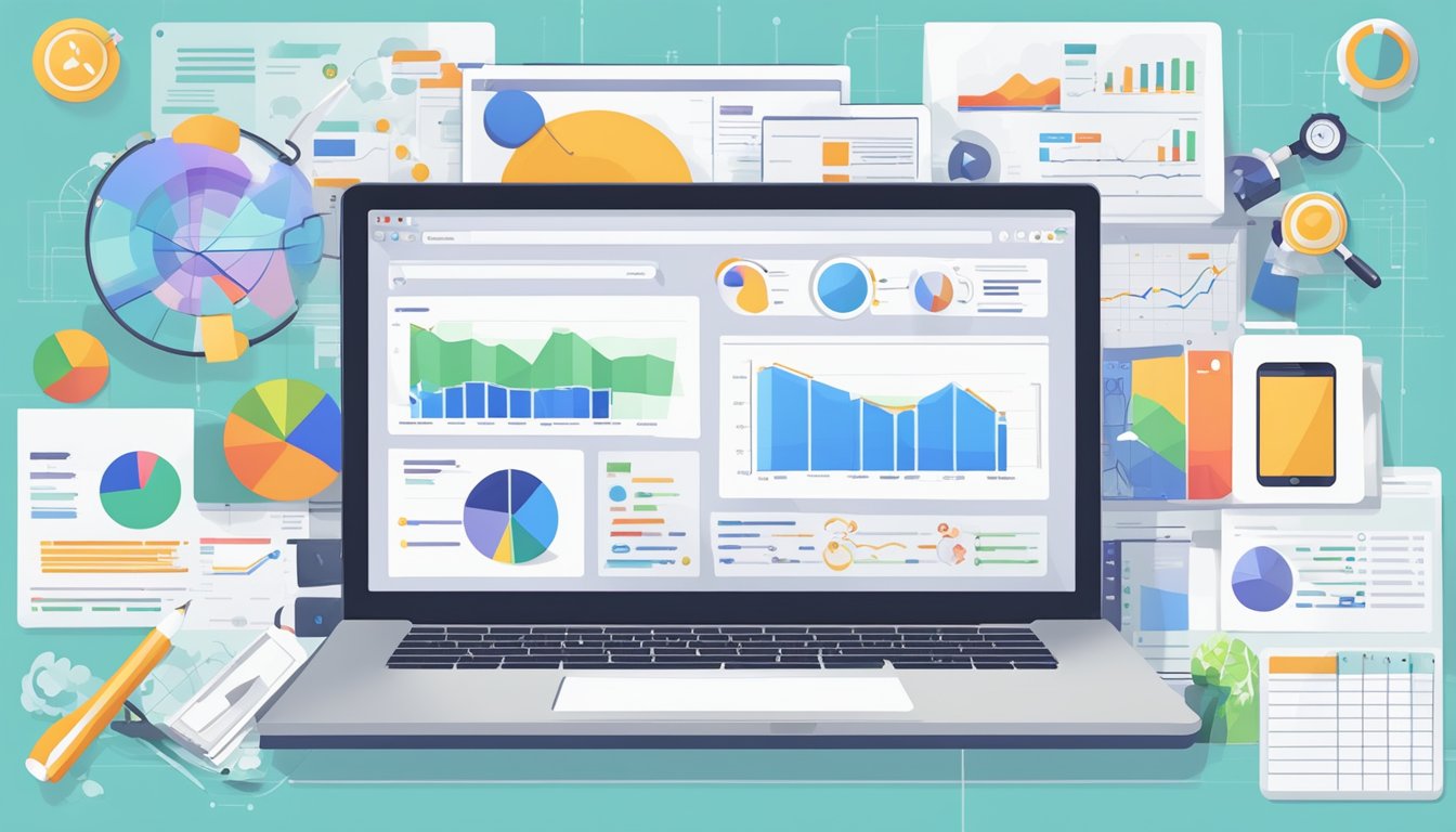 A laptop displaying Keywords Everywhere with a graph of keyword search volume, surrounded by various digital marketing tools and charts