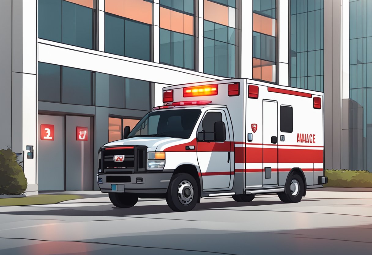 Ambulância Tipo B: Características e Aplicações Emergenciais 1 An ambulance type B parked outside a hospital emergency entrance, with red and white color scheme, flashing lights, and medical equipment visible through the windows