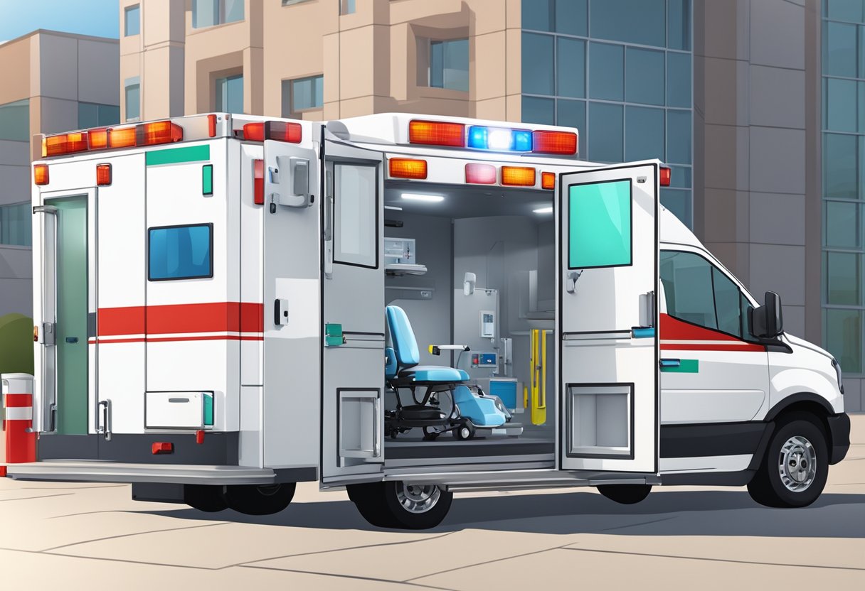 Ambulância Tipo C: Características e Utilização 1 A Type C ambulance with sirens and lights parked outside a hospital, with medical equipment visible through the open back doors