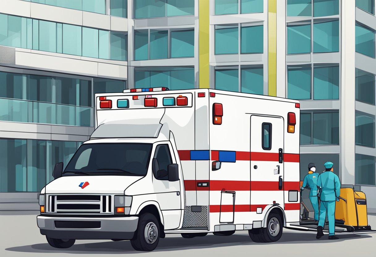 Ambulância Tipo C: Características e Utilização 5 An ambulance type C parked outside a hospital, with paramedics unloading medical equipment and preparing to transport a patient