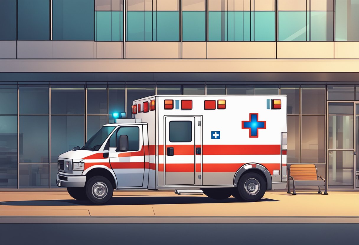 Ambulância Tipo C: Características e Utilização 7 An ambulance type c parked outside a hospital, with its emergency lights flashing and medical equipment visible through the windows