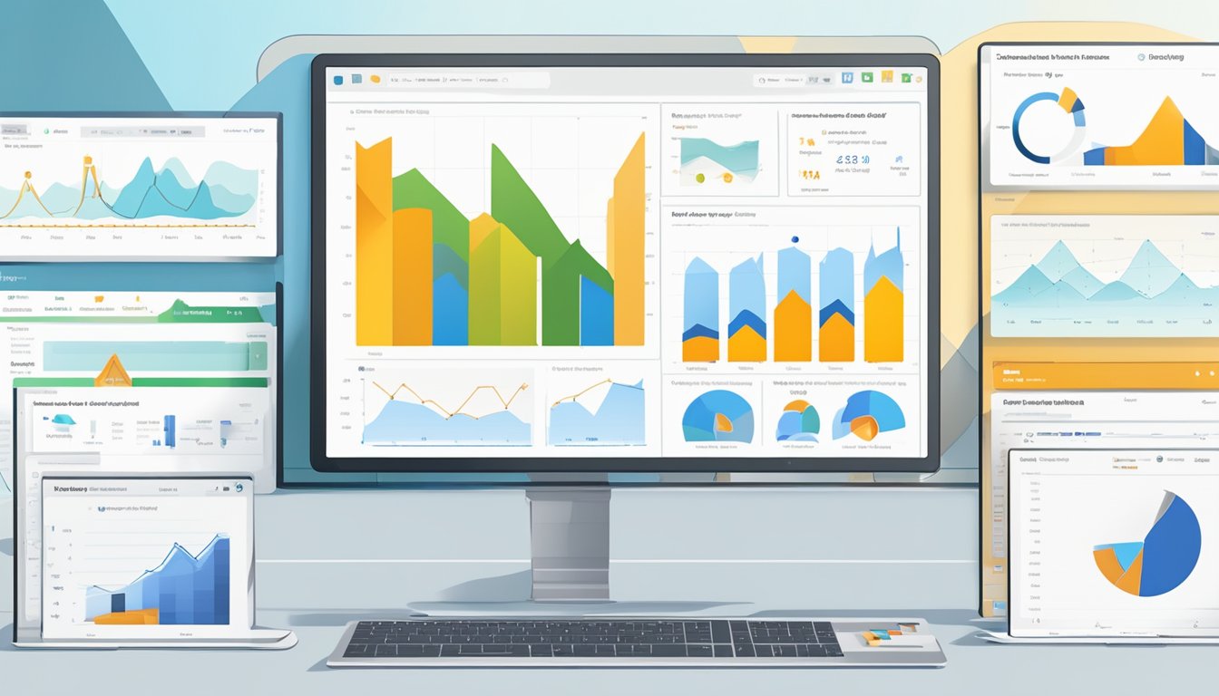 A computer screen displays Bing Webmaster Tools dashboard with various data and analytics charts