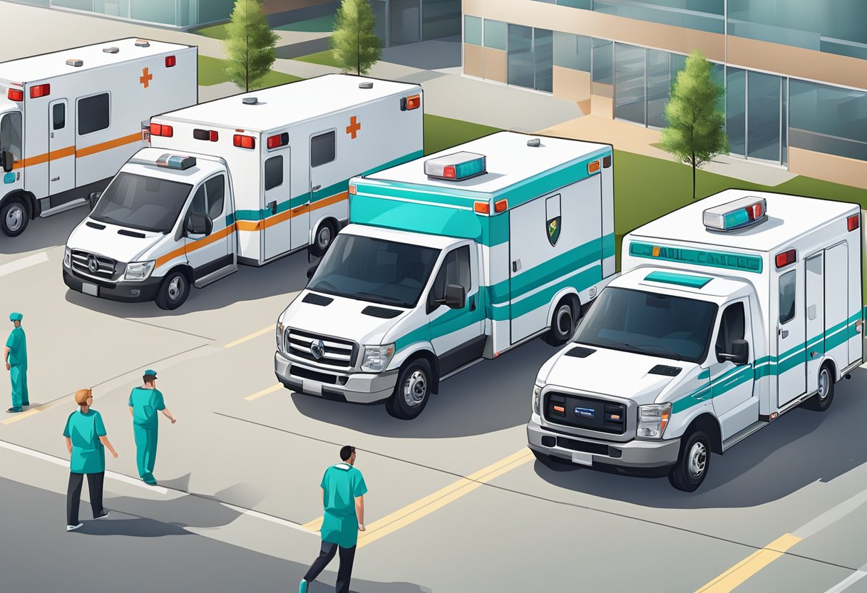 Ambulances and type C ambulance vehicles in a hospital parking lot