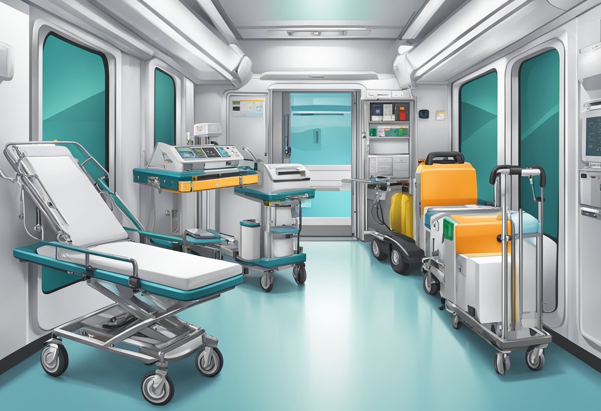 Medical equipment in Type C ambulances: stretcher, oxygen tank, defibrillator, medical supplies, and monitoring devices