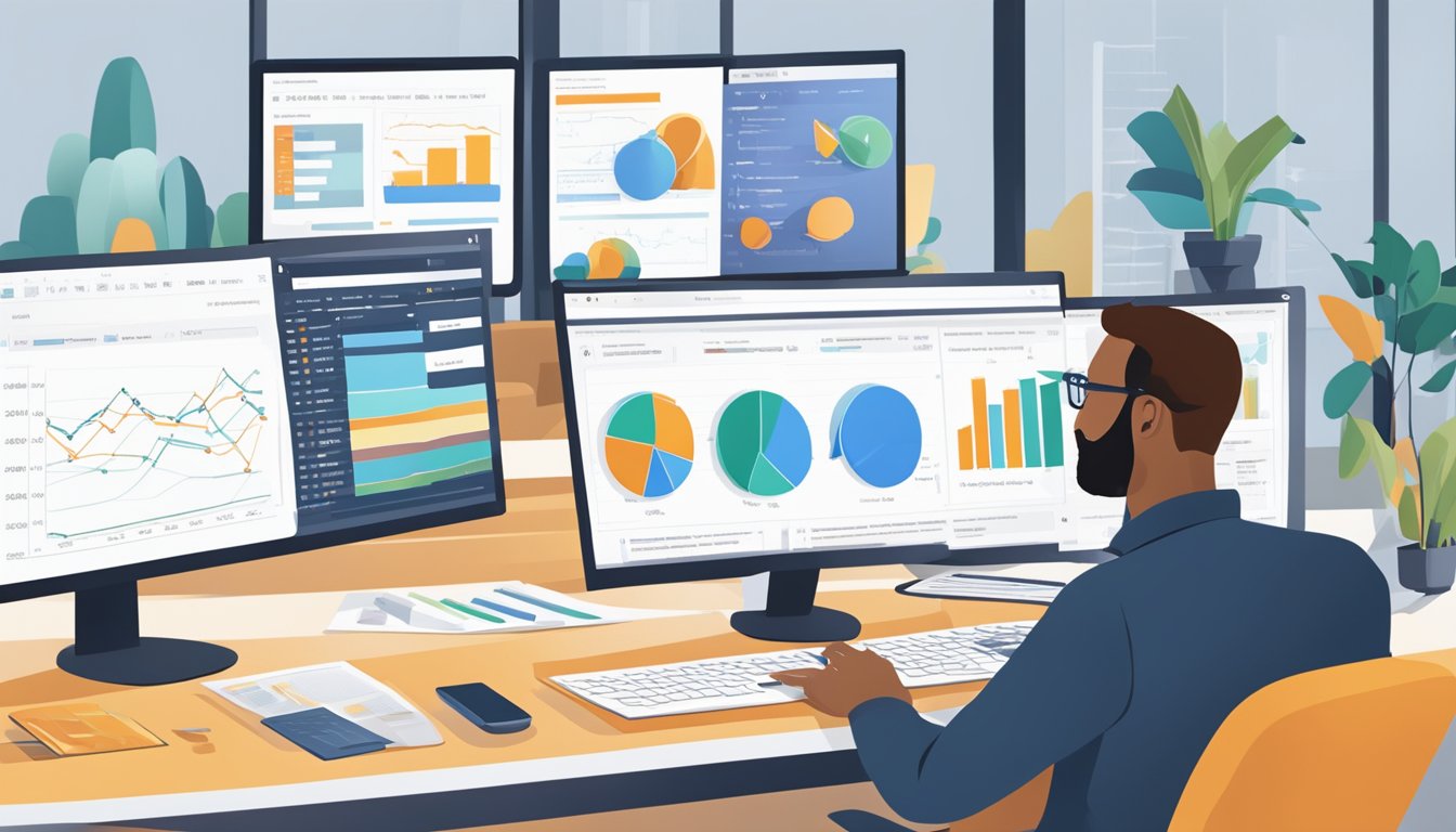 A person reviewing Bing Webmaster Tools data.</p><p>Multiple charts and graphs on a computer screen.</p><p>Text analysis and report writing