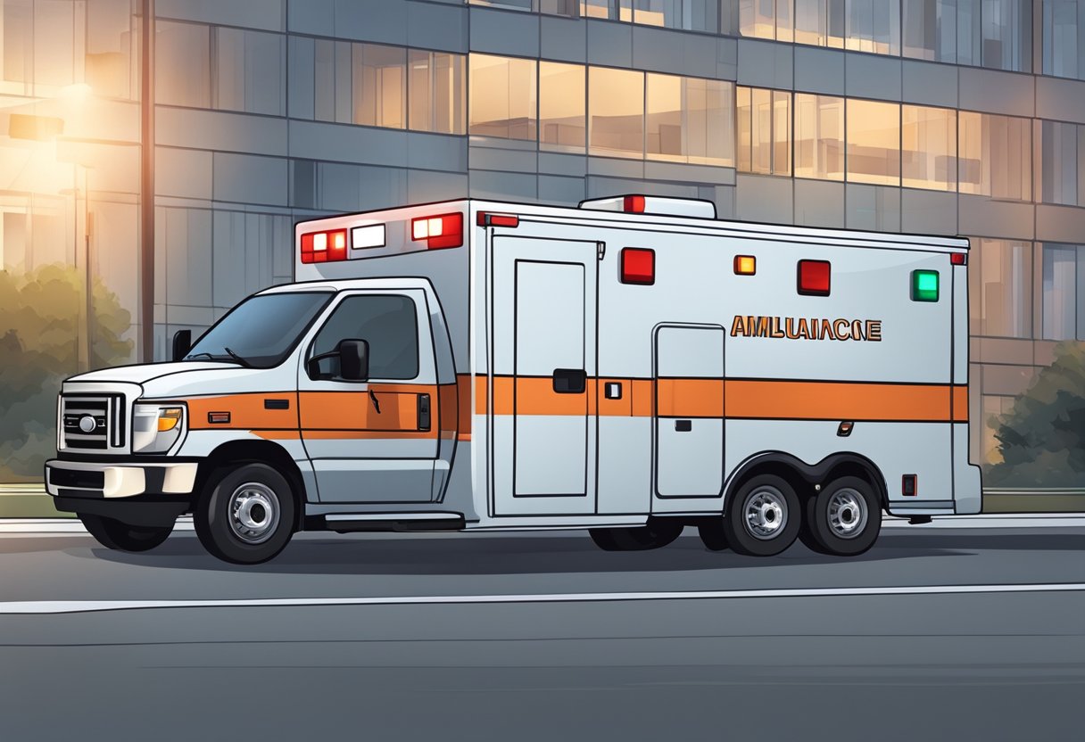 An ambulance type C parked outside a hospital, with its lights flashing and medical equipment visible through the windows
