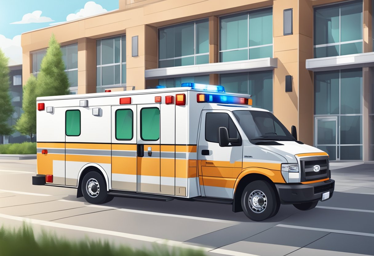 An ambulance type C with clear markings and emergency lights parked outside a hospital, with medical equipment visible through the windows