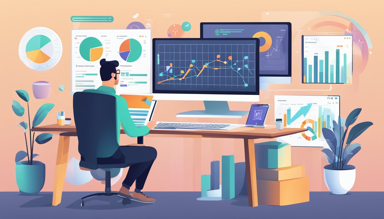 A person analyzing data on a computer screen with various SEO tools open, surrounded by charts and graphs