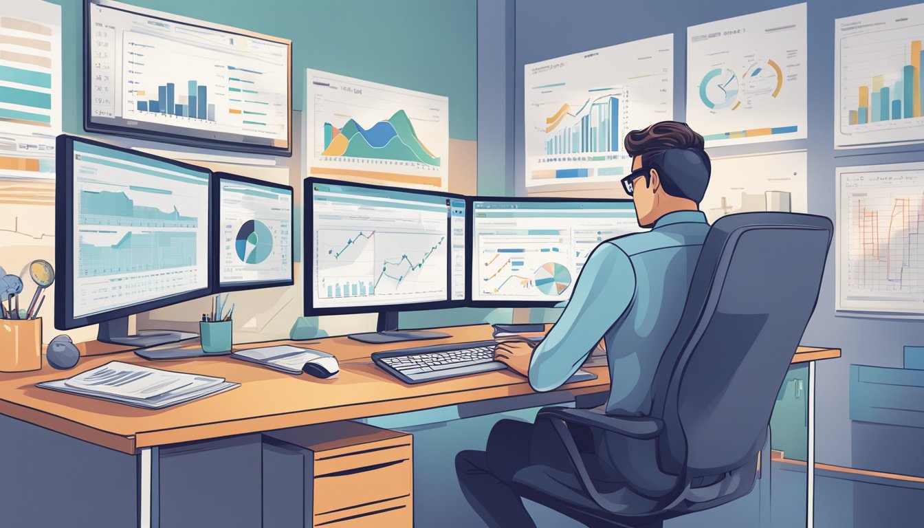 An SEO manager analyzing data on a computer, surrounded by charts and graphs, with a focused expression