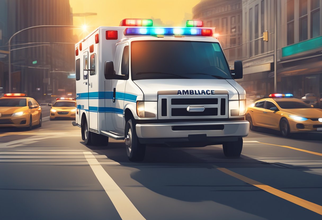 An ambulance type C navigating through traffic with flashing lights and sirens